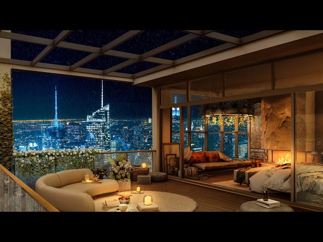 Rainy Night Jazz - Smooth Piano Jazz Music in 4K Cozy  Balcony Bedroom Ambience for Sleep and Relax