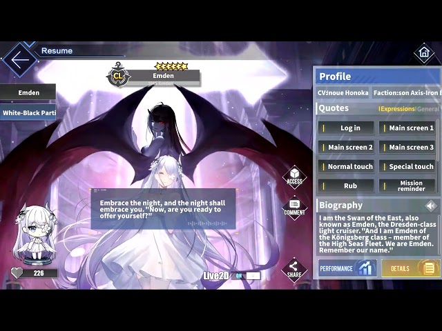 Azur Lane: New SMS Emden L2D Skin Talk & Move (White-Black Partita) [2160p