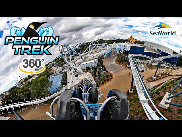 VR360 Penguin Trek Roller Coaster On Ride Back Seat POV with Queue SeaWorld Orlando 2024  10 01