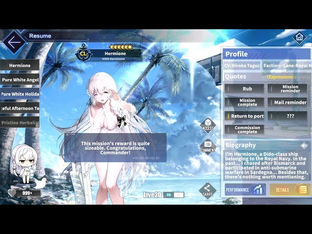 Azur Lane: HMS Hermione L2D Skin Talk & Move (Pure White Holiday) [2160p