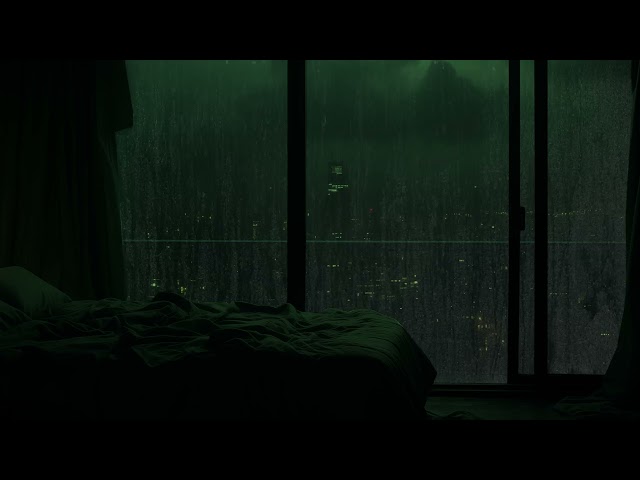 Soothing Rain Sounds for a Restful Night in a Modern Bedroom Facing a Gloomy Green City