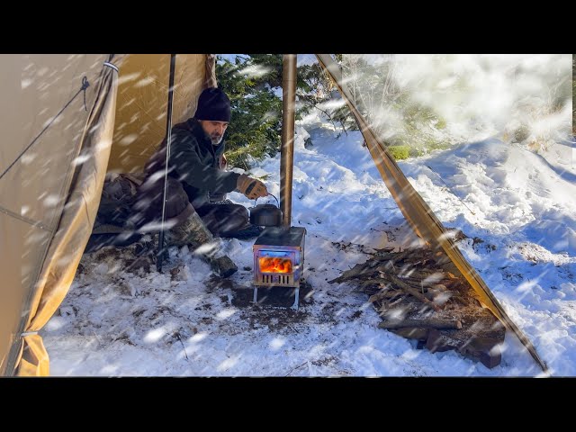 Hot Tent Winter Camping in a Stormy and Snowy Forest - Camping in the Snowy Mountains