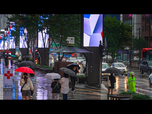 Heavy Rainy Gangnam Street | City View Seoul Korea | Rain Ambience 4K HDR