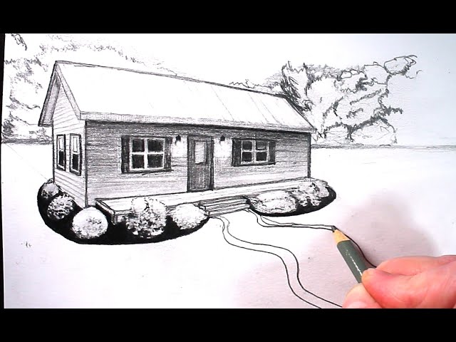 How to draw a simple cabin in two point perspective