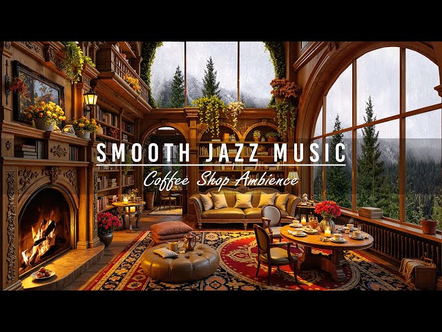 Smooth Jazz Instrumental Music☕Cozy Coffee Shop Ambience ~ Jazz Relaxing Music & Cracking Fireplace