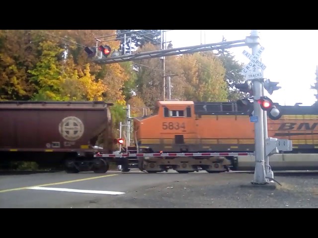 Northbound BNSF RY grain train going Thu Castle rock Washington on 10-14-2019