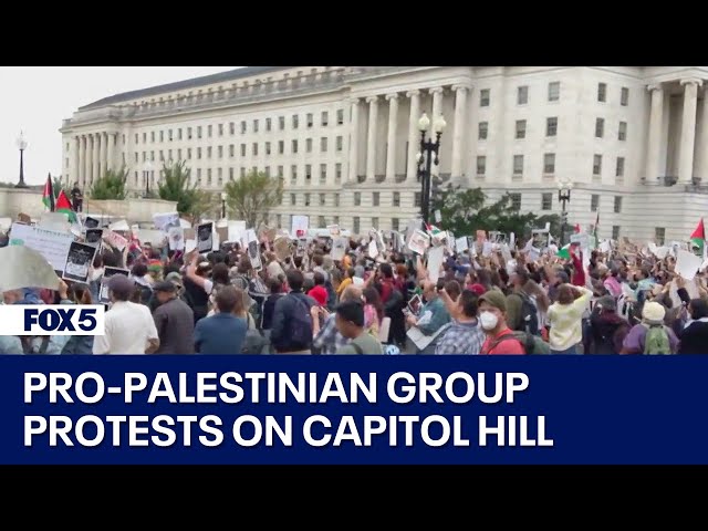 Large group of pro-Palestinian protesters demonstrate inside Cannon Rotunda at Capitol Hill