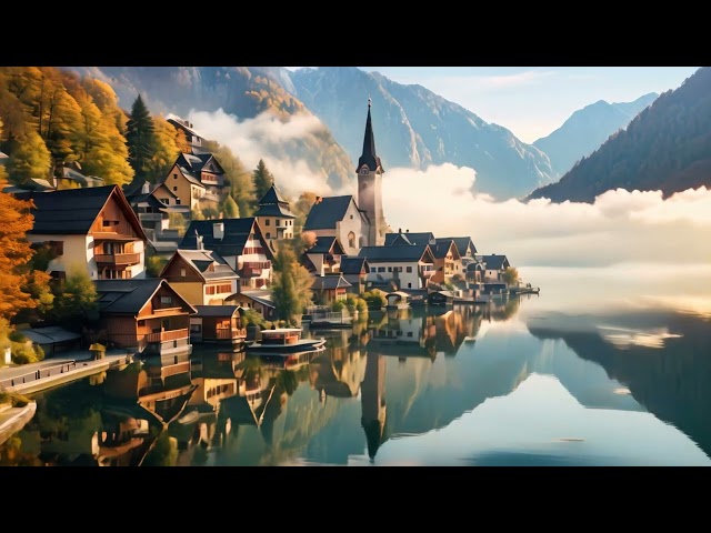 Hallstatt village on Hallstatter See lake in autumn, Austria, Misty autumn scene