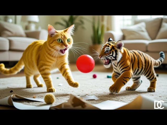 The cat and the tiger became friends and played Ball