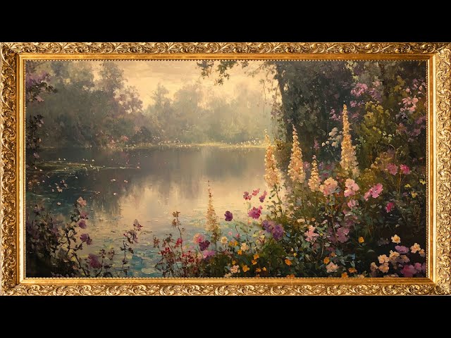 Vintage TV Art: Scenic Oil Painting of a Lake with Wildflowers | Gold Framed Vintage Art | 4K