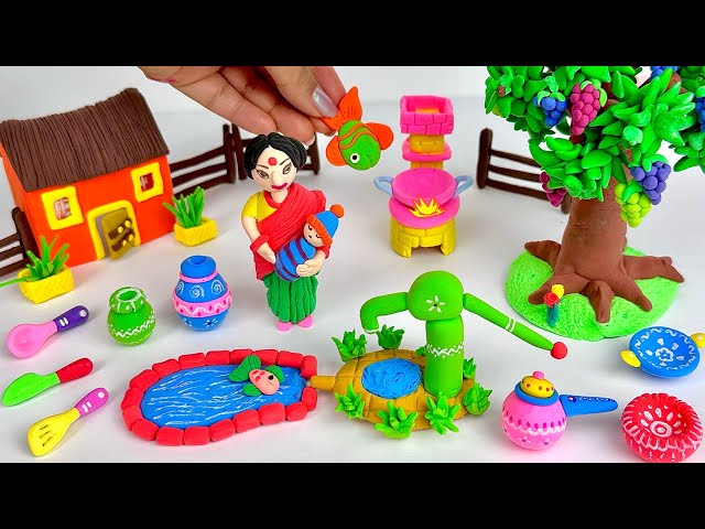 DIY How to make polymer clay miniature Village House, Kitchen set, Cycle, Doll, Hand pump| Dollhouse