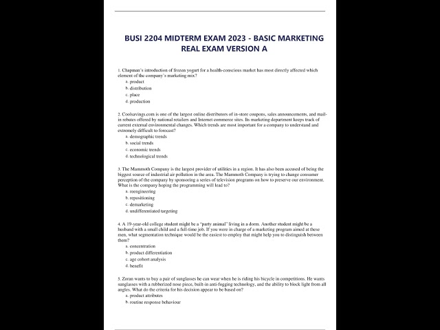 BUSI 2204 MIDTERM EXAM 2023   BASIC MARKETING REAL EXAM VERSION A