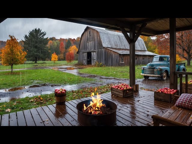 Cozy Fall Morning on the Farm Ambience | Rainy Day Apple Picking 🍎 Ambient Rain & Fire Sleep Sounds