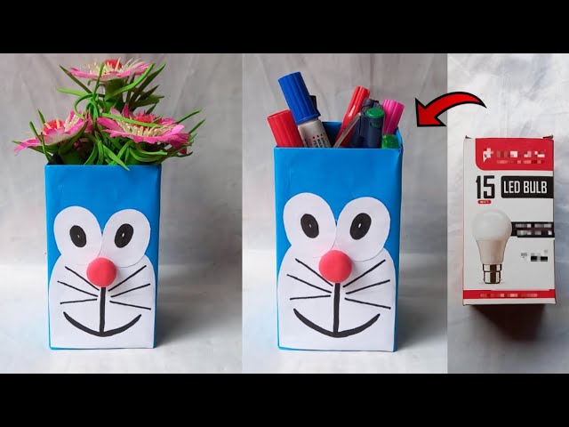 DIY Doraemon Pen Holder / Doraemon Craft/ Paper Pen Stand/ Origami Flower Vase/ Waste Material Craft