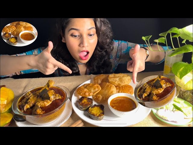 EATING SHOW | FULKO LUCHI, SPICY AHUNA CHICKEN, BEGUN VAJA, RICE | MUKBANG | BIGBITES