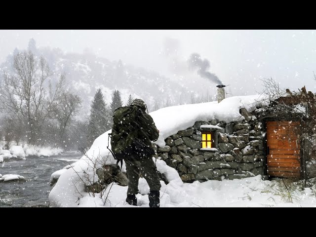 Blizzard Refuge: Stone Cabin on the Riverbank