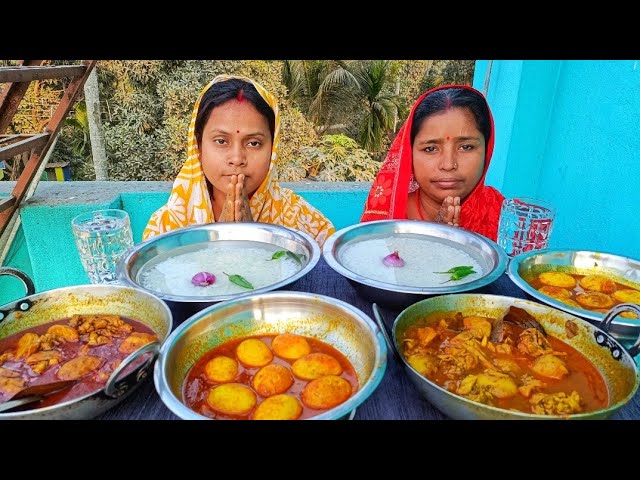 panta bhat, murgir jhol,egg curry challenging video... with punishment 🤮#asmr