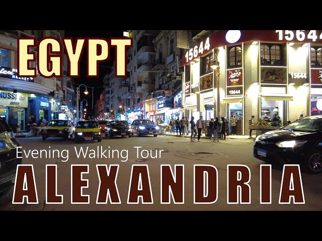 Alexandria. Egypt. Downtown. Night Time Walking Tour. 4K