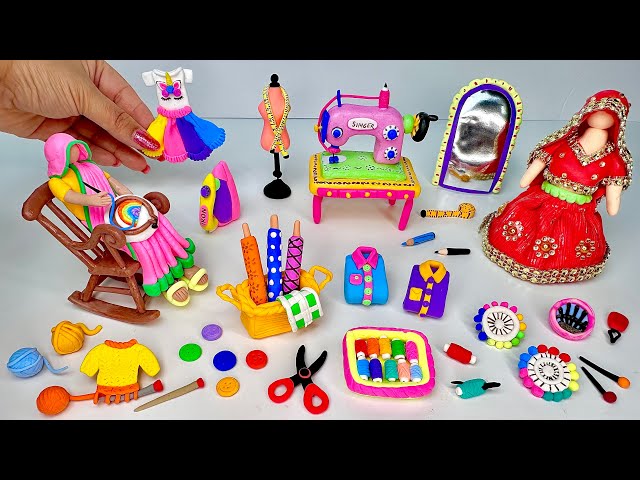 DIY How to Make Polymer Clay Miniature Sewing Machine Set, Doll | Sewing Tools and Accessories | diy