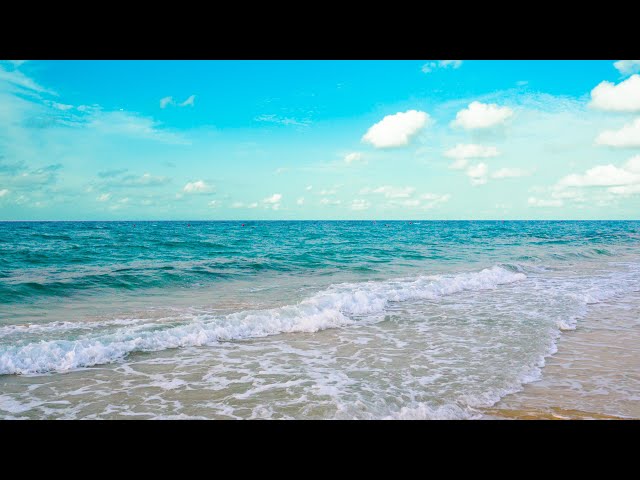 The 4K Blue Beach Sea. Ocean Sounds, Waves Rolling on Sandy Beach. Ocean White Noise, Nature Sounds.