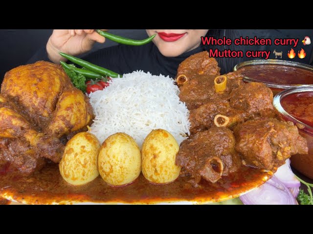 ASMR EATING WHOLE CHICKEN CURRY,MUTTON CURRY,WHITE RICE,EXTRA GRAVY