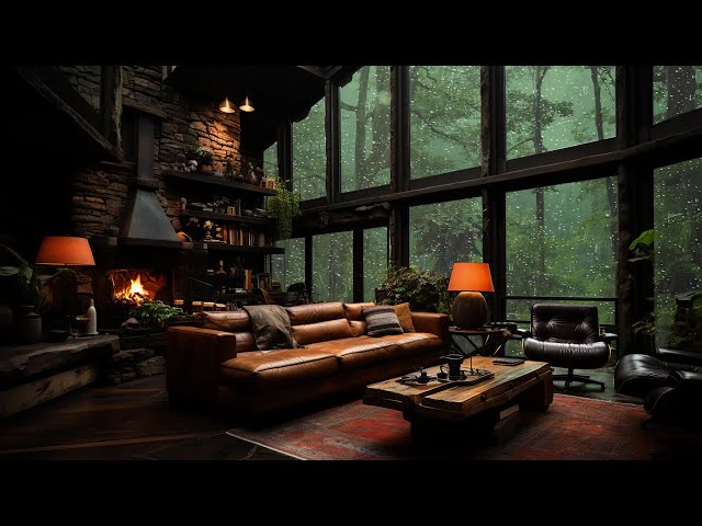 Rainstorm in the Forest for Sleeping - Rain On Forest Room with Fireplace Burning - Cozy Ambience