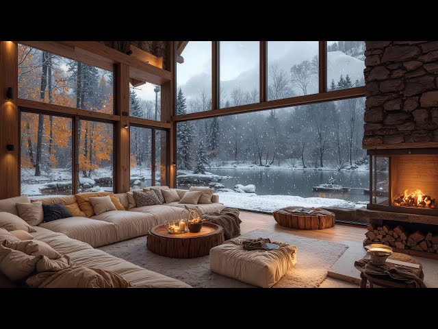 Warm Jazz Instrumental Music for Unwind, Study ⛄ Cozy Winter Ambience & Crackling Fireplace Sounds 🔥