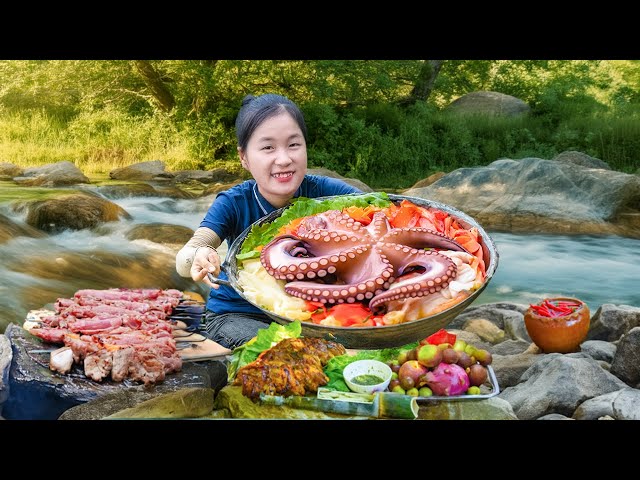 How to Make Spicy Sour Octopus, Grilled Chicken, Grilled Meat by the Stream | Jolie Life