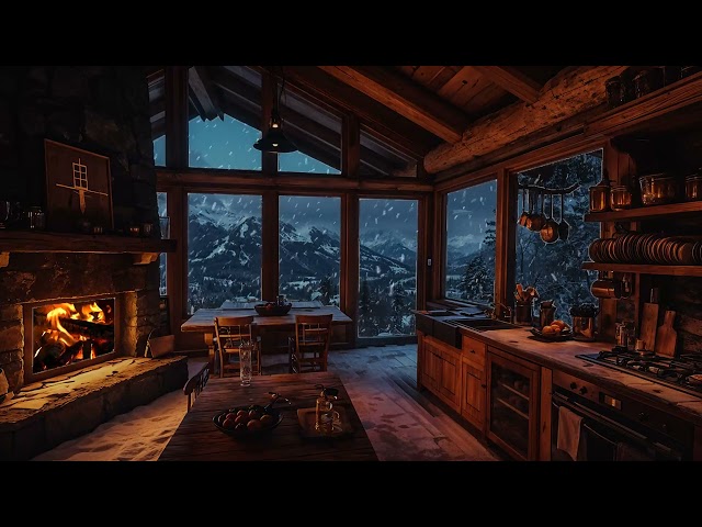 Snowy Mountain Cabin Retreat – Blizzard and Crackling Fire for Sleep, Focus and Comfort