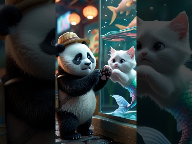 Poor little cat saved by panda🐼 #cute  #ai #cat #shorts #short