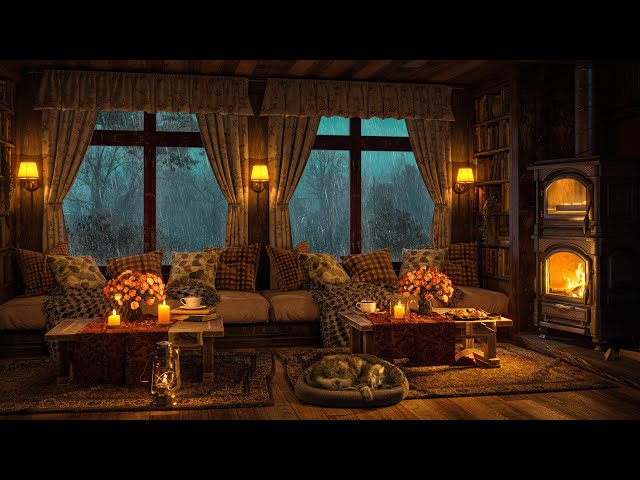 Cozy Living Room with Warm Fireplace Ambience in a Rainy Night 🌧️ Smooth Jazz Music to Stress Relief