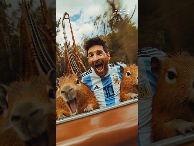 Capybara with friends in amusement park. #shorts #capybara #messi #ronaldo