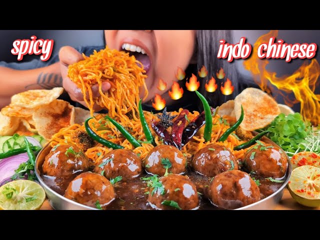 COOKING & EATING SPICY SCHEZWAN NOODLES WITH BIG VEG MANCHURIAN BALLS GRAVY | EATING INDO-CHINESE