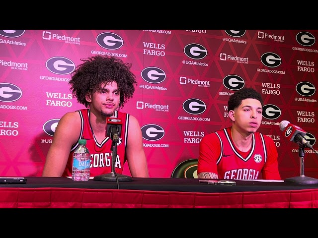 Georgia basketball players Asa Newell, Dakota Leffew react after win over Notre Dame