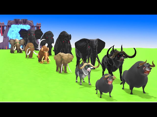 Paint Animals Cow Cartoon,Buffalo,Bull,Elephant,Mammoth,Dinosaur Size Comparison Fountain Crossing