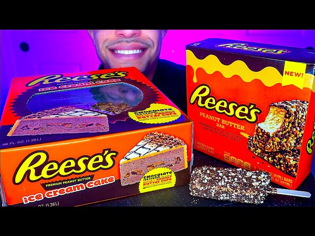 ASMR REESE'S ICE CREAM CAKE PEANUT BUTTER BAR CANDY EATING CHOCOLATE MOUTH SOUNDS JERRY