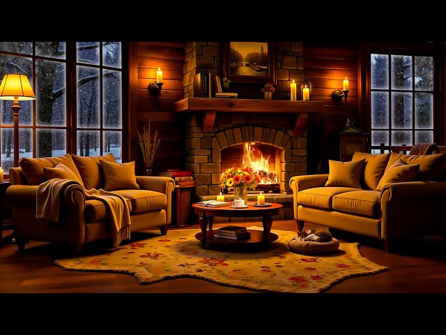 ❄️ Cozy Winter Room Ambience with Relaxing Jazz, Blizzard, Howling Wind & Fireplace Sounds to Unwind