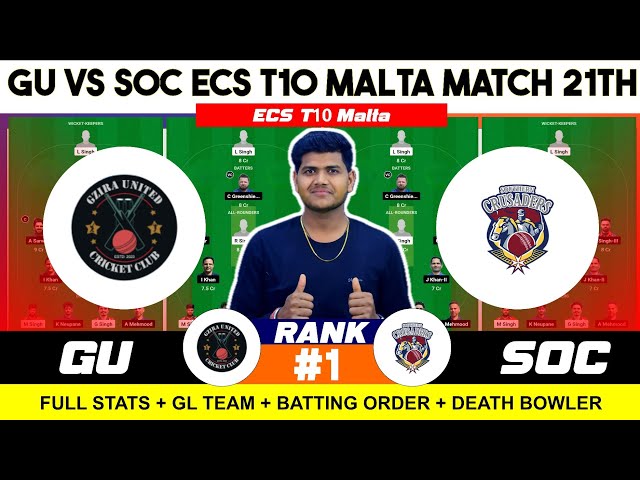 SOC vs GU , SOC vs GU Prediction, Southern Crusaders vs Gzira United 21ST ECS T10 Malta Match