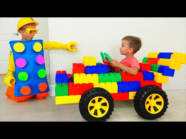 Vlad and Niki Ride on Toy Sports Car & play with colored toy blocks