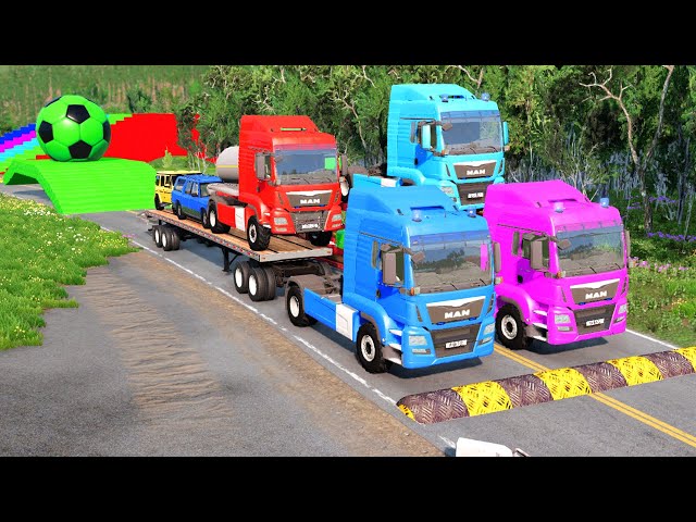 Double Flatbed Trailer Truck vs Speedbumps Train vs Cars | Tractor vs Train Beamng.Drive 004