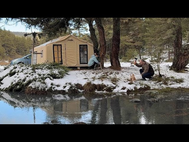 HOT TENT CAMPING IN SNOWY WONDERLAND NEAR THE FOREST RIVER