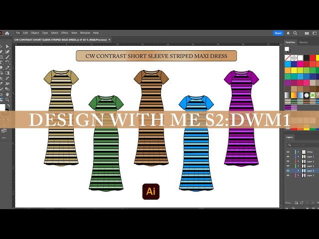 DESIGN WITH ME | SHORT SLEEVE STRIPED MAXI DRESS | ADOBE ILLUSTRATOR | FASHION DESIGN | S2:DWM1