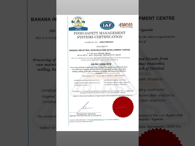 BIRDC is ISO 22000:2018 Certified!Recognized for excellence in food safety management by UNBS.