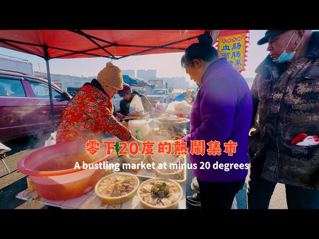 A lively -20°C market in Northeast China with silkworms, sauerkraut, seafood, and winter treats.