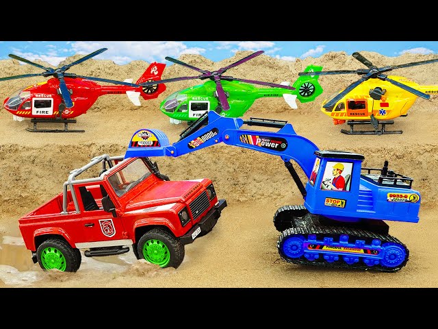 Crane, Helicopter, Excavator - Red Jeep Rescue Mission | Funny Car Toy Story