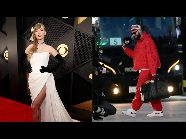 Travis Kelce Lands in Vegas for Super Bowl 2024 as  Taylor Swift Stuns at Grammys