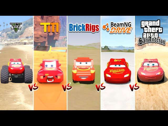 GTA 5 LIGHTNING MCQUEEN vs TRAILMAKERS vs GTA SA vs BRICKRIGS vs BEAMNG DRIVE