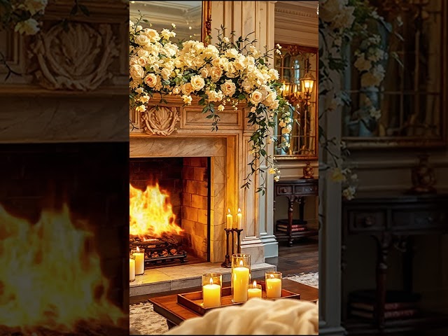 Luxury interior with fireplace and Floral decor . 4k TV Framed art screensaver Relax, Sleep, Study,