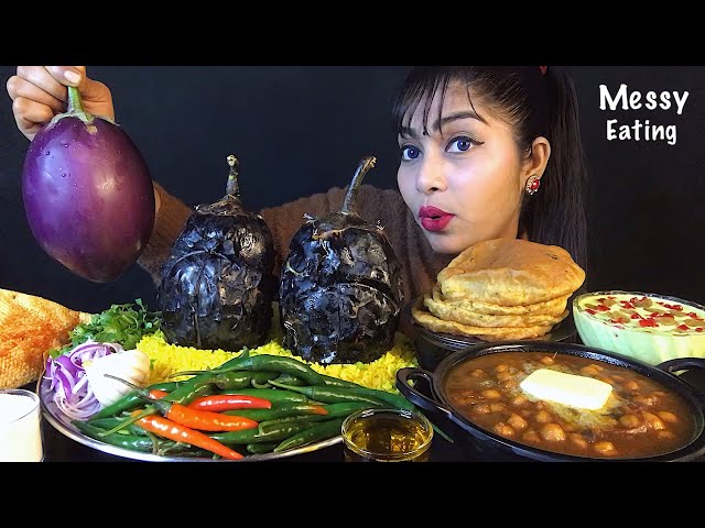 ASMR EATING BIG SIZE BAINGAN BHARTA FRIED RICE KABULI CHOLA PURI LAUKI KHEER PAPAD | EATING SHOW