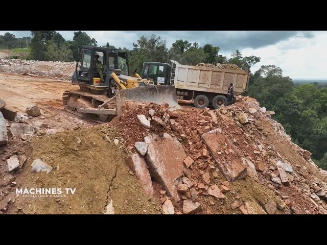 Massive!! Incredible Power Truck Hard Dumping Stone on Mountain Old Bulldozer Pushing Stone